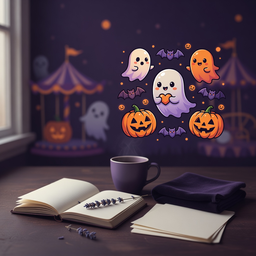 Vintage Halloween carnival backdrop with bats and lanterns